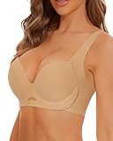 BOUFOR Wireless Push Up Bras for Women Molded Cup Ribbed Seamless Bralette Soft Comfortable Lifting Full Coverage Plunge Bra, Nude, M