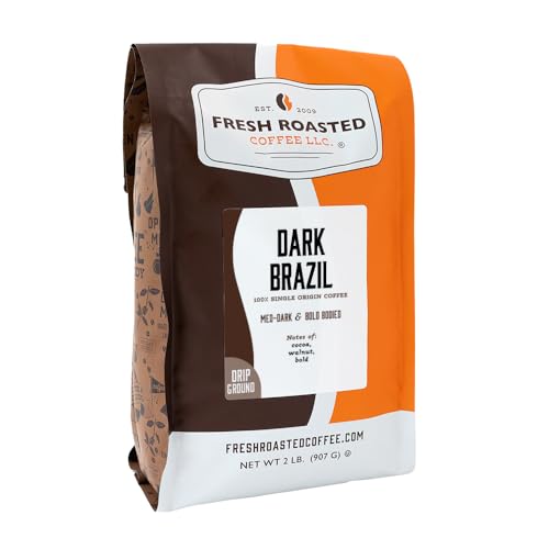 Fresh Roasted Coffee, Dark Brazil Drip Ground Coffee, Med-Dark Roast, Kosher, 2 lb (32 oz)
