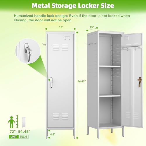 Image of Aobabo Metal Locker, 54 inch H Metal Storage Locker for Employees, Lockable 1 Door with Towel Rack and 2 Side Pegboards with Hooks for School Office Gym Home, Assembly Required (White)