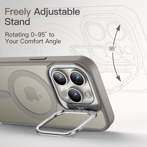 Image of Elzzi PC Kickstand Mag Safe Case For iPhone 16 Pro Max, Built-in Adjustable Camera Stand, Translucent Matte Magnetic Mag-Safe Shockproof Case Phone Cover (Titanium Grey)
