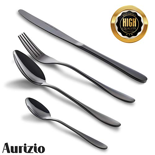 Aurizio 16 Pieces Cutlery Set Black, Stainless Steel Mirror Polished Flatware Set, Spoons
