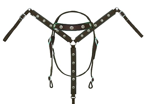 SS19 Synthetic Horse Tack Set Headstall Breast Collar with Reins, Western Hand Made Synthetic Equestrian, Colors: Black Brown Red Pink Blue Teal Purple in Full and Cob Sizes(Cob,Bi-Color,Black-Blue)