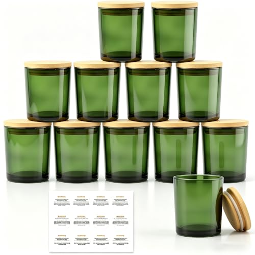 GLATABAM 7 OZ Candle Jars 12 Pack - Bulk Glass Candle Making Jars with Bamboo Lids & Labels, Heat Resistant Empty Reusable Candle Vessel for Containers(Green)