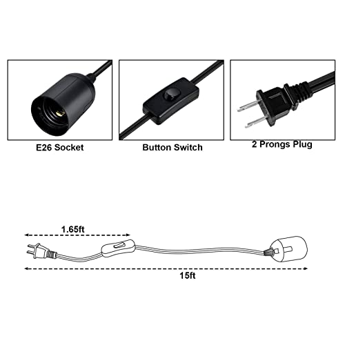 Simple Deluxe 15 Feet 360W Extension Hanging Lantern Pendant Light Lamp Cord Cable E26 Socket On/Off Switch (No Bulb Included), Black #TOP4