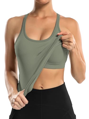 Image of ATTRACO Ribflex Ribbed Workout Tank Tops for Women with Built in Bra Racerback Scoop Neck Athletic Top
