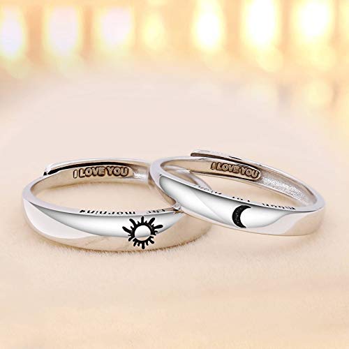 Image of Beydodo 925 Silver Rings Custom Adjustable Sun and Moon Matching Rings Engraved I Love You Couples Rings Wedding