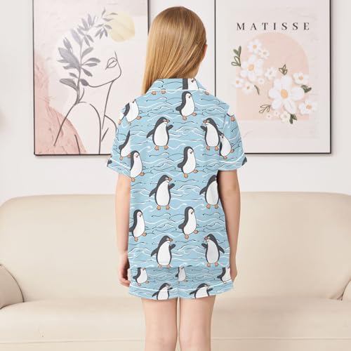ALAZA Cartoon Penguin Dancing Satin Pajamas Set Short Sleeve Button Down Sleepwear Summer Pjs 2 Piece4