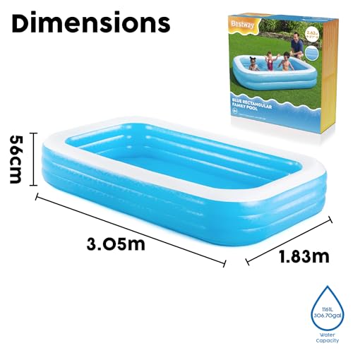 Image of Bestway Inflatable Family Pool, 10' x 6' x 22 inch /3.05m x 1.83m x 56cm, Outdoor Garden Pool, Capacity : 1161L