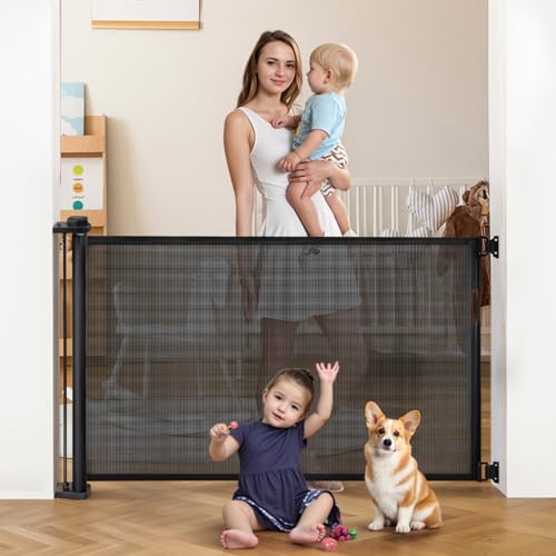 Hooomyai Extra-Wide Retractable Baby & Pet Gate - 31\" Tall, Extends up to 71\" Wide, Easy One-Hand Operation, Family Choice Award Winner, Safe for Kids & Pets, Indoor & Outdoor, Black
