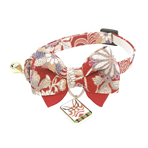 PetSoKoo Double Bowtie Cat Collar with Japan Kabuki Charm. Safety Breakaway Buckle. Cute Kitten Collar for Girl Boy Cats