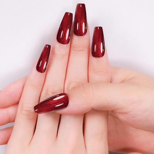 Rimudecure 24 Pieces Handmade Red Cat Eye Press On Nails Long Coffin Fake Nails Handmade with Toughened Sealer High Texture High Gloss Fake Nails