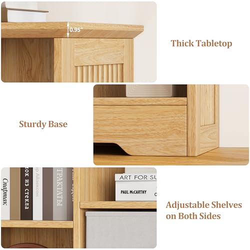 Image of 6 Cube Storage Organizer Shelf, Wood Cubby Storage with 3 Fabric Drawers, 2 Tier Wooden Bookshelf with 2 Adjustable Shelves & Fluted Side Panels for Bedroom, Living Room, Home Office, Wood