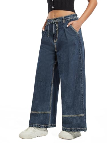 High Waisted Tummy Control Wide Leg Pants Loose Fit Drawstring Stretchy Denim Elastic Waist Casual Straight Leg Jeans2