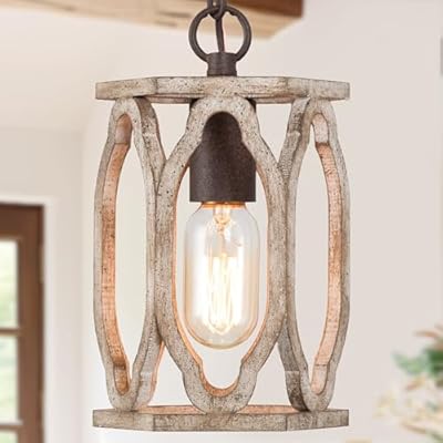 KSANA Farmhouse Pendant Light, Wood Rustic Cage Lantern Hanging Light Fixture for Kitchen Island, Foyer, Hallway, Bedroom and Entryway