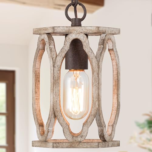Image of KSANA Farmhouse Pendant Light, Wood Rustic Cage Lantern Hanging Light Fixture for Kitchen Island, Foyer, Hallway, Bedroom and Entryway