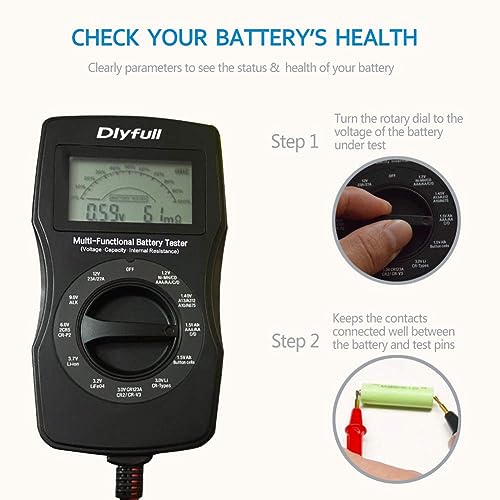 Dlyfull Universal Battery Tester with LCD Display, Small Digital Battery Voltage Resistance Checker for Ni-MH, Ni-CD, Li-ion, Alk & LiFe04 Batteries(AA AAA C D 9V 12V 18650 CR123A 2CR5 CR2032 Cells) - Thumbnail 6