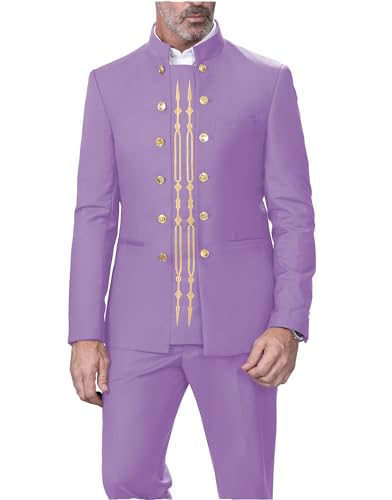 Men's 2 Pieces Suit Embroideries Double Breasted Formal Dashiki Business Dinner Dress Blazer Pants Set