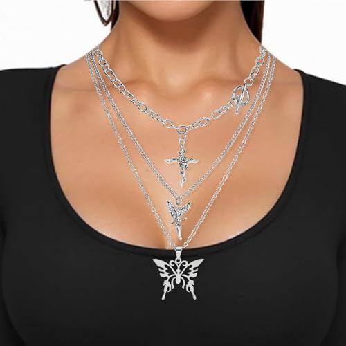 10 Pcs Gothic Necklace Set for Women, Halloween Silver Necklace Set Vintage Cross Goth Accessories Jewelry, Cross Fairy Thorns Y2k Angel Heart Feather Star Butterfly Pendant Necklaces4