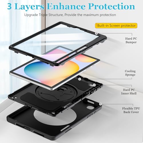 Image of Case for Galaxy Tab S6 Lite 10.4 Inch 2024 /2022 /2020 : Military Grade TPU Shockproof Cover with Screen Protector - Stand - Shoulder Strap - Handle - S-Pen Holder for Samsung Tablet S6 Lite - Black