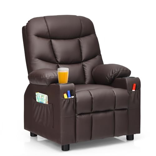 Image of Kids Recliner, PU Leather Kids Recliner Chair w / 2 Cup Holders