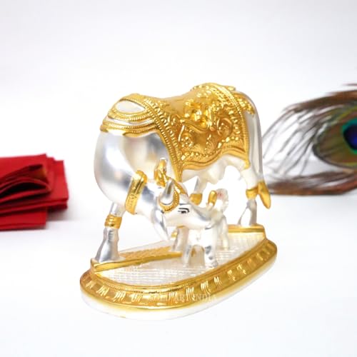 Image of Gold Art India Kamdhenu Cow with Calf Idol Gold Silver Plated with Matte Finish | Home Decor Gaay Bachda Cow |Calf for Vastu | Positive Energy | Wealth Idol Diwali Puja