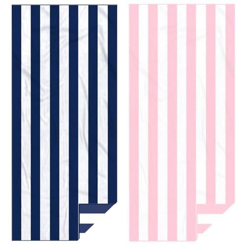 Eunzel 2 Pack Microfiber Beach Towel, Quick Dry Travel Towel Large Sand Free Towel for Beach, Camping, Swim Pool, Gym, Sports& Yoga 71'x32', Stripe Navy & Pink
