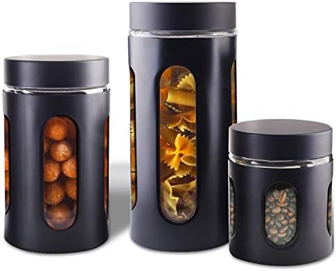 AIR-TIGHT KITCHEN CANISTER SET, 3-Piece Glass and Metal Canisters, Quick Access And Space Saving, Great Safe And Fresh Food, Convenient Sizes, Modern Design (Matte Black)