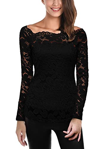 DJT Womens Off The Shoulder Tops Sexy Floral Lace Long Sleeve Slim Fit Shirts Dressy Casual Party Clubwear Outfits