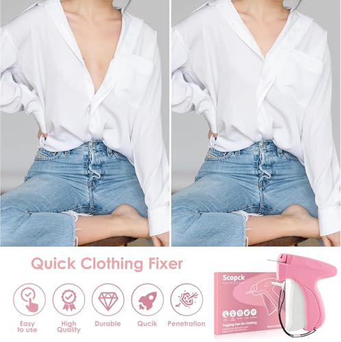 Image of stitching gun for clothes fixer tool- Handheld Quick Stitch Sewing Gun Clothing Price Label - Tag Gun - Includes 5 Needle, 1000 Black Fasteners & 1000 White Fasteners,50 bear button (Pink) (Pink)