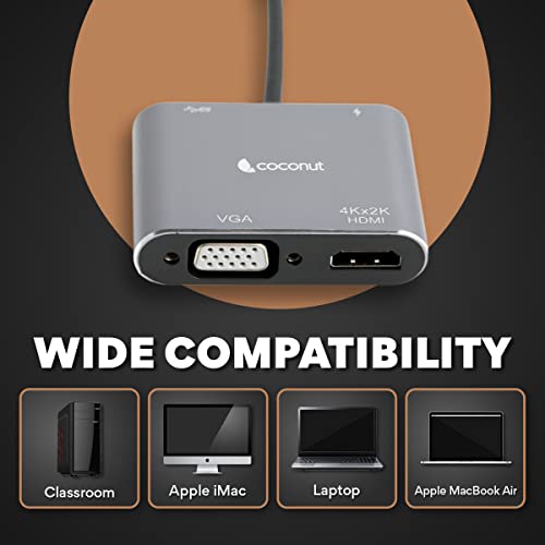 Image of coconut USB C to HDMI Adapter 4 in 1 USB C HUB with 4K HDMI, VGA,Type C & USB 3.0 Converter Charging Cable Port Adapter for Laptop, Mac, PC
