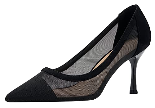 YooPrettyz Women See Through Mesh Sexy High Heels Formal Dressy Pump Shoes Pointed Toe Office Kitten...
