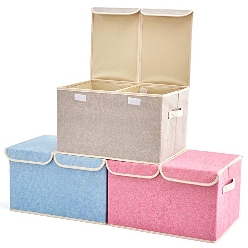 EZOWare Large Storage Boxes [3-Pack] Large Linen Fabric Foldable Storage Cubes Bin Box Containers with Lid and Handles for Home Nursery, Closet, Baby Products (Assorted)