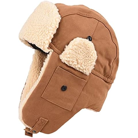 Men Winter Hat Artificial Lamb Trapper Hat for Men Hat with Ear-Cap Khaki Cover