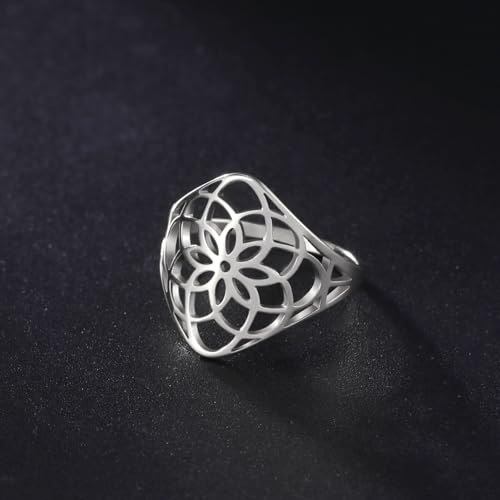TEAMER Filigree Flower Ring Stainless Steel Elegant Bohemian Finger Ring Wedding Band Ring Exquisite Jewelry for Women4