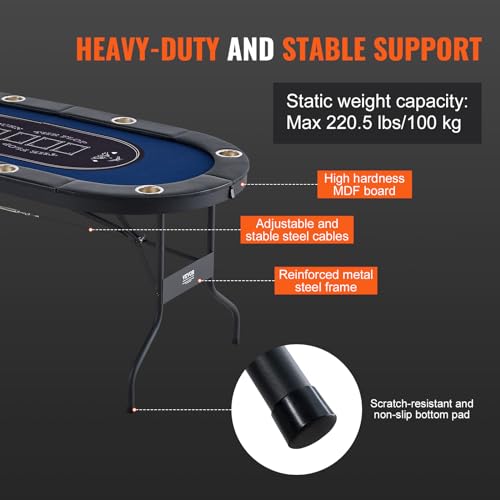 VEVOR 8 Player Foldable Poker Table for Blackjack Texas Holdem, Padded Rails, Stainless Steel Cup Holders, Portable Folding Card Game Board