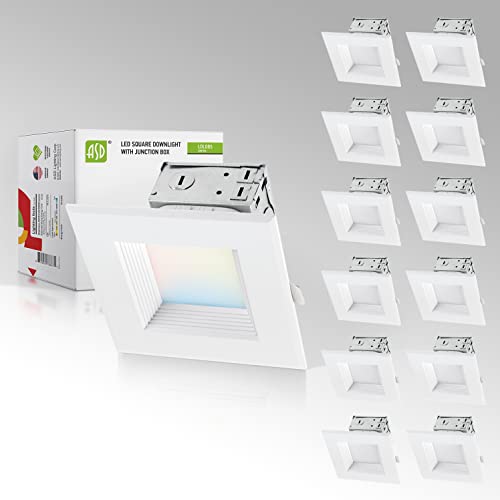 Asd 12 Pack 4 Inch Led Recessed Lighting With Integrated Junction Box - 10W 722Lm 2700K-5000K Cct Selectable Dimmable Canless Light - Wet Location & Ic Rated Square Downlight - Ul & Energy Star #TOP18