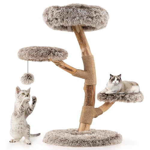 Tangkula Solid Wood Cat Tree Multi-Level Modern Cat Tower with Scratching Posts Cozy Top Perch 2 Platforms Dangling Ball Soft Long Plush Natural Branch Cute Cat Tree for Indoor Kittens