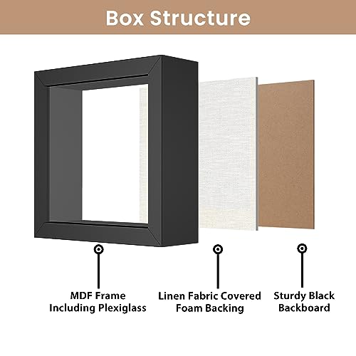 Califortree 5x5 Small Shadow Box Picture Frame with Soft Linen Back - Push Pins Included, Memory Shadow Box Display Case for Bouquet Awards Medals Wedding Photos and More, Black