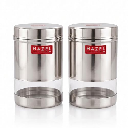 Image of HAZEL Stainless Steel Transparent Wide Mouth See Through Container, Silver, Set of 2, 600 Ml