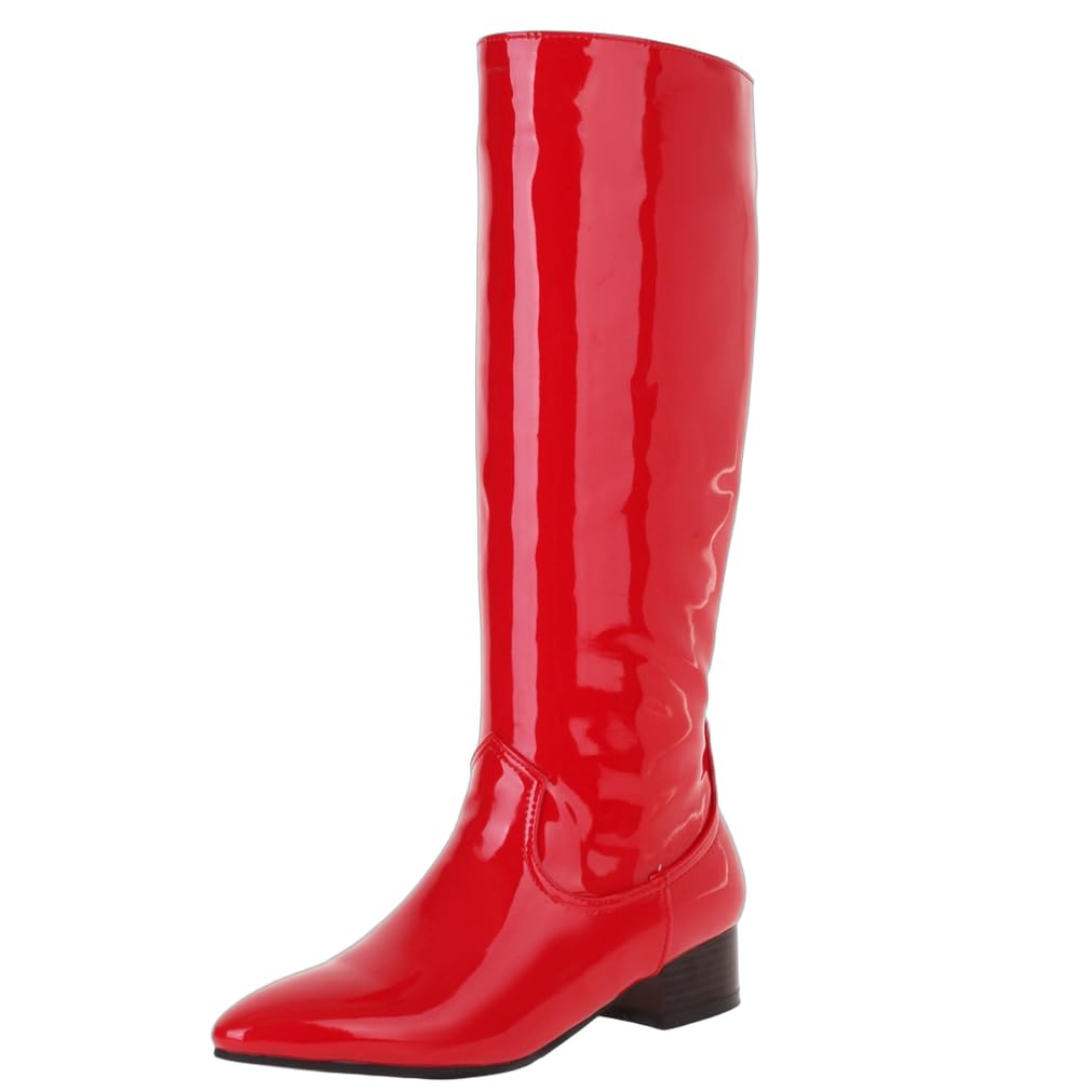 DINTAHA Patent Leather Chunky Knee High Boots Low Heel Pointed Toe Low Heel Tall Boots