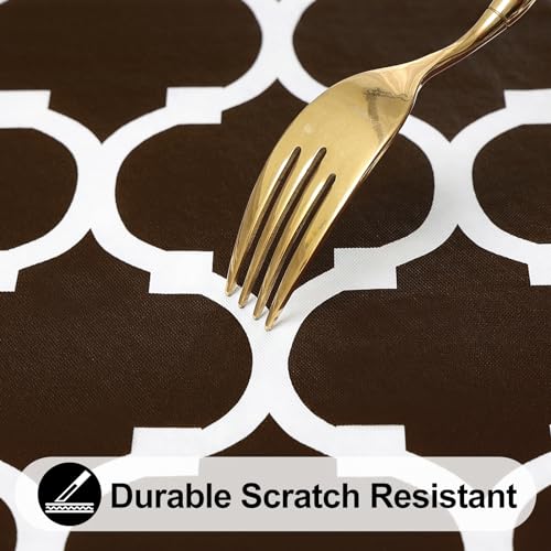 Image of Smiry Round Plastic Table Cloth, Waterproof Vinyl Tablecloth with Flannel Backing for Round Tables, Wipeable Spillproof Tablecloths for Dining, Camping, Indoor and Outdoor 60 inch Round, Coffee
