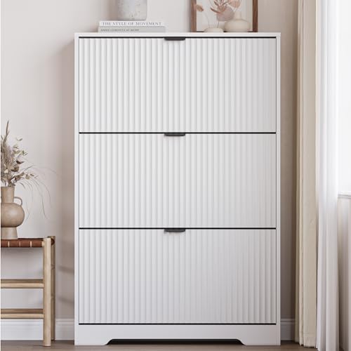 Image of BORNOON Entryway Shoe Cabinet with 3 Flip Drawers, Narrow Shoe Organizer Cabinet with Fluted Panel and Adjustable Shelves for Foyer, Hallway