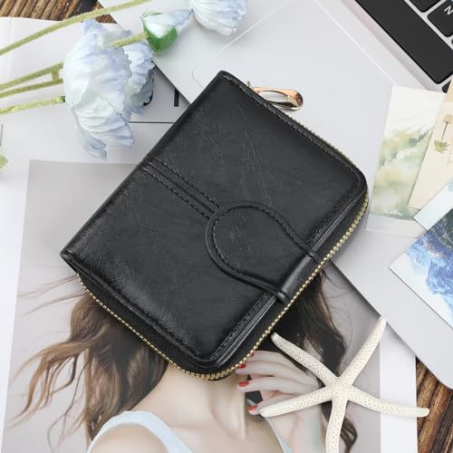 Women's Small Purse, Genuine Leather Compact Bifold Purse Vintage Clutch Wallets, with Zipper Closure Coins Section Key Pockets Clear ID Window Multi Credit Card Spaces Holders for Ladies (Black) - Image 7