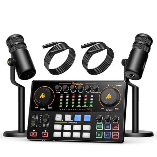 MAONO Podcast Equipment Bundle for 2: Audio Interface Mixer with 2 XLR Dynamic Mic Noise Reduction Podcast Streaming MaonoCaster E2 Gen2C