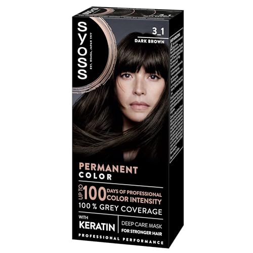 SYOSS Permanent Color 3-1 Castaño oscuro, tinte de pelo y mascarilla intensiva con keratina, para una cobertura profesional de canas, color duradero y cuidado intensivo