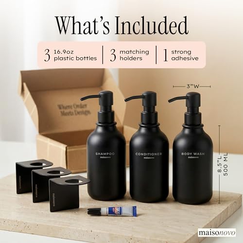 Image of Shampoo and Conditioner Dispenser Wall Mounted Set of 3 Black | 500 ml Shower Gel Dispenser Set of 3. Refillable Shampoo and Conditioner Bottles. Drill Free Secure Design. Black