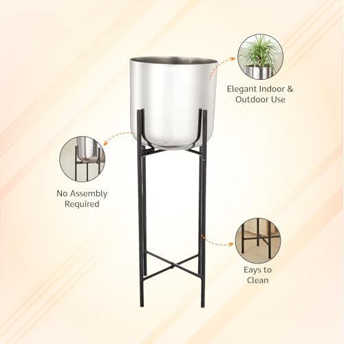 Image of amazon basics Set of 2 Planter with Plant Stand and Flower Pot for Home Decor and Indoor and Outdoor Gardening (Silver Finish)