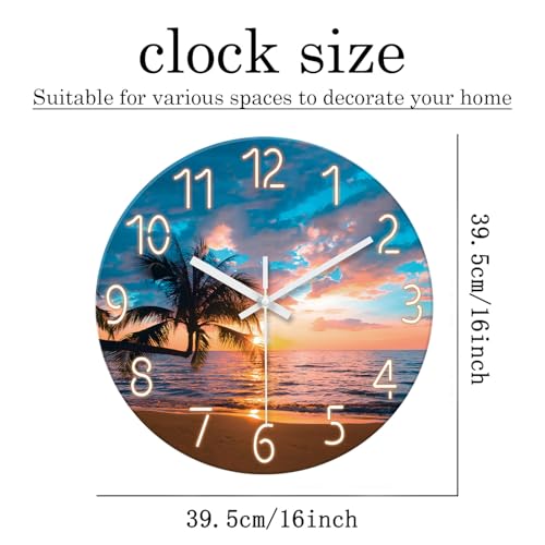 Image of XFM Beach Wall Clocks Battery Operated 16 Inch Sunset Tropical Seashore | Silent Non Ticking Blue Coastal Nautical Modern Glass Decorative for Living Room Bedroom Home Office