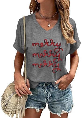 Ithalt Christmas V Neck Shirt Womens Christmas Shirts Christmas Tree T-Shirt Merry Christmas Tee Holiday Tops(LightGrey2, X-Large)