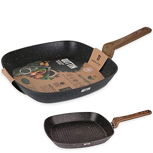 Quttin - Sartén Asadora Antiadherente de inducción Ecologi con Mango. Para todo tipo de cocinas. Aluminio Forjado Doble Capa. Resistente Duradera. Asadora Negra 28 cm